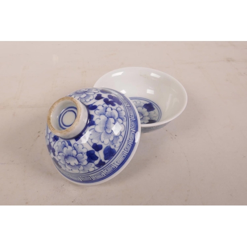 350 - A pair of Chinese blue and white porcelain footed bowls with floral decoration, 3½