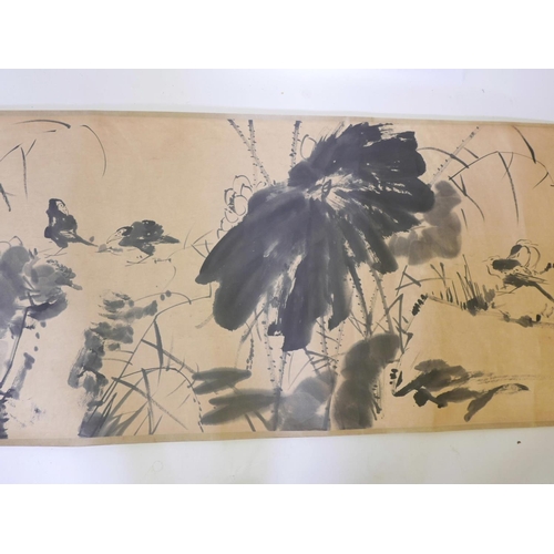 353 - A large Chinese watercolour scroll depicting birds amongst flowers, approximately 110