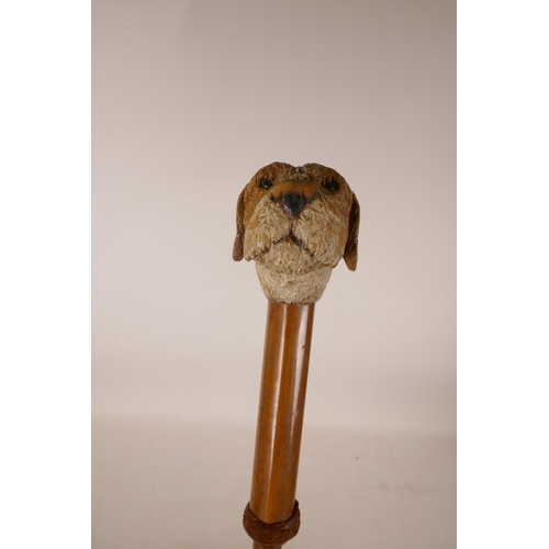 356 - A carved and painted parasol handle in the form of a dog's head, 33½