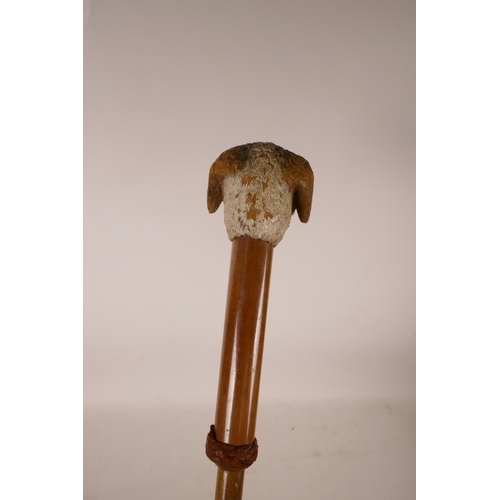 356 - A carved and painted parasol handle in the form of a dog's head, 33½