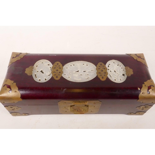 370 - A Chinese hardwood jewellery box with brass mounts and inset carved hardstone tablets, 10