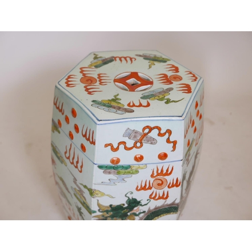 397 - A Chinese famille verte ceramic garden stool with red dragon decoration, A/F, crack to base, 20