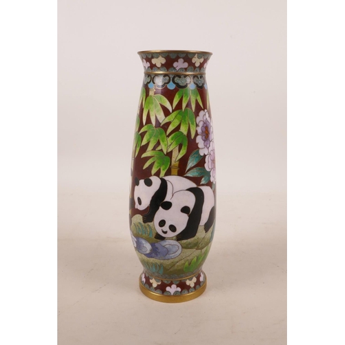 425 - An Oriental cloisonné vase with panda and bamboo decoration, applied mark to base, 8