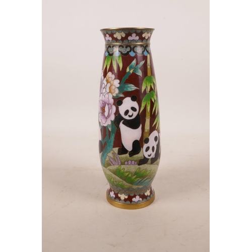 425 - An Oriental cloisonné vase with panda and bamboo decoration, applied mark to base, 8