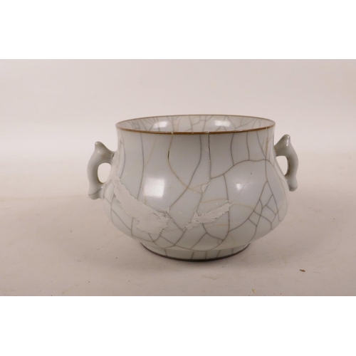 435 - A Chinese crackle glazed two handled pottery censer, A/F repair, 5½