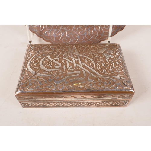 440 - A C19th Persian copper table cigarette box with intricate silver scrolled decoration, 6