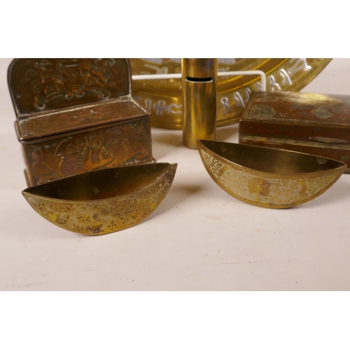 448 - A quantity of decorative brassware, an Egyptian brass tray decorated with copper and white metal, 15... 