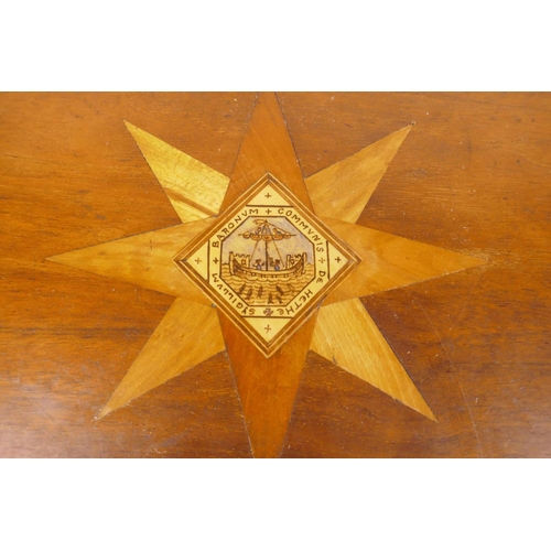 450 - An Edwardian hand crafted inlaid walnut drinks tray, the centre inlaid with the crest of the Barons ... 