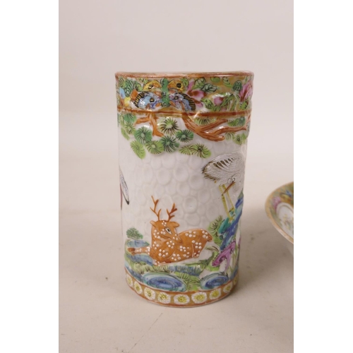 505 - A Cantonese enamel porcelain dish and brush pot, decorated with figures and animals, 6½