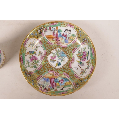 505 - A Cantonese enamel porcelain dish and brush pot, decorated with figures and animals, 6½