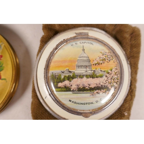 508 - Three vintage powder compacts, a Stratton Starburst brushed metal, an American one depicting the Cap... 