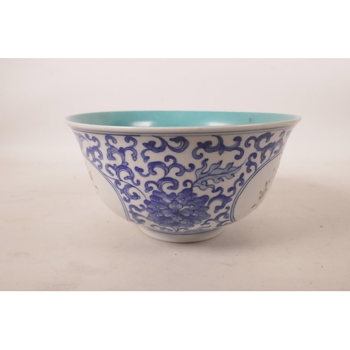 510 - A Chinese blue and white porcelain bowl with polychrome decorative panels depicting birds amongst fl... 