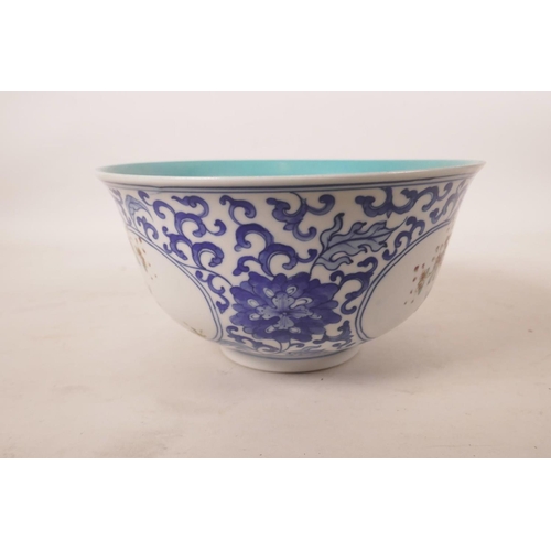 510 - A Chinese blue and white porcelain bowl with polychrome decorative panels depicting birds amongst fl... 