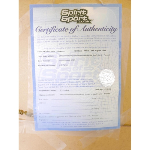 519 - A piece of official Wembley memorabilia, signed by Geoff Hurst, with certificate of authenticity fro... 