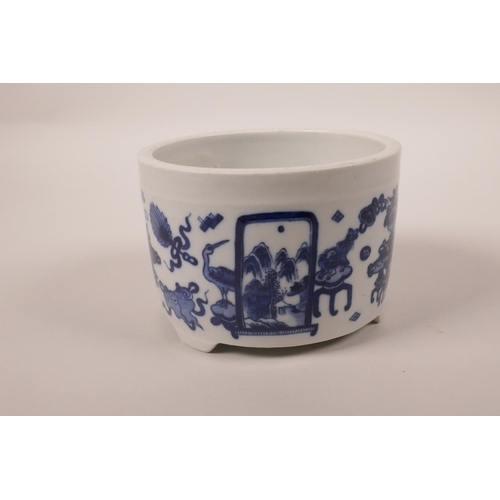 53 - A Chinese blue and white porcelain cylinder censer, 6 character mark to base, 3