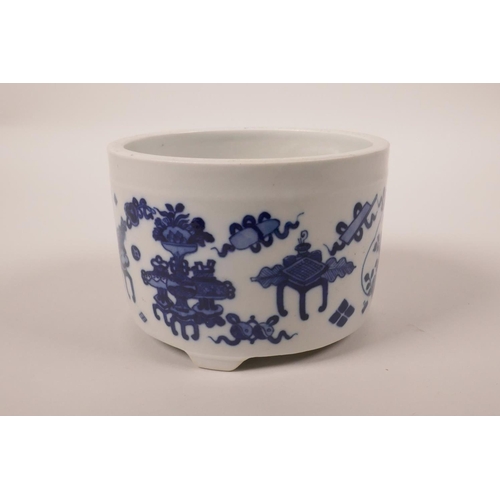 53 - A Chinese blue and white porcelain cylinder censer, 6 character mark to base, 3