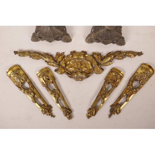 531 - A pair of French spelter figural candlesticks, together with five pieces of brass ormolu mounts, can... 