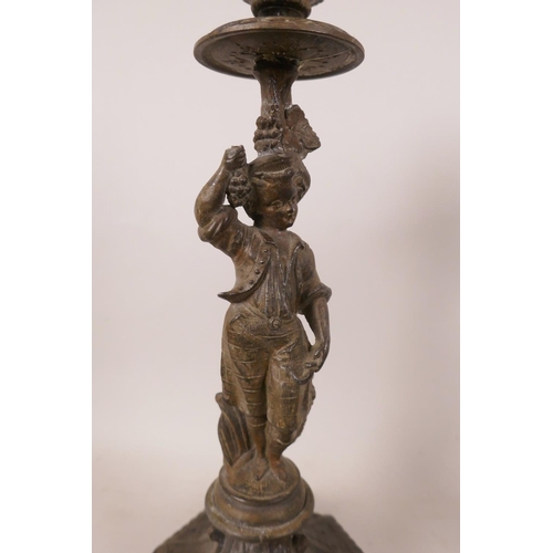 531 - A pair of French spelter figural candlesticks, together with five pieces of brass ormolu mounts, can... 