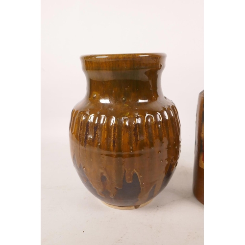 541 - A studio pottery vase with a ribbed body and brown drip glaze, together with a pottery 'Brilliant Re... 