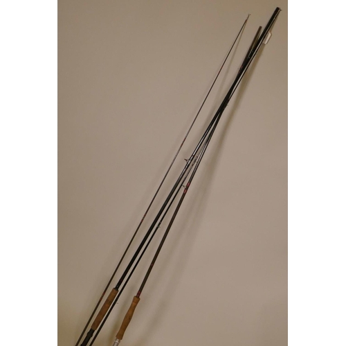 577 - A Shakespeare O-Series graphite class two piece fly rod, a Marco Elastiglass two piece sea/coarse fi... 