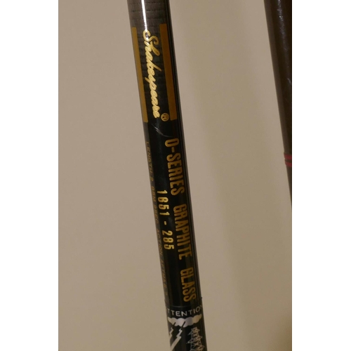 577 - A Shakespeare O-Series graphite class two piece fly rod, a Marco Elastiglass two piece sea/coarse fi... 