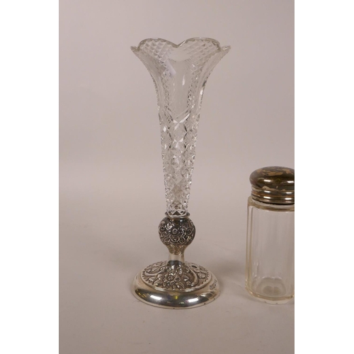 603 - A hallmarked silver mounted cut glass bud vase, Chester 1900, 7