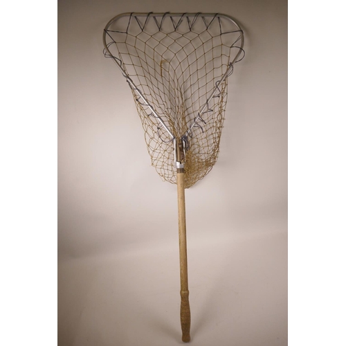 64 - A vintage wooden handled folding landing net with aluminium frame, 37