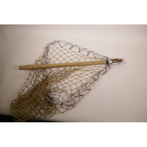 64 - A vintage wooden handled folding landing net with aluminium frame, 37