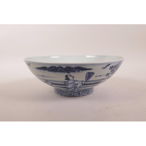 75 - A Chinese blue and white porcelain bowl decorated with figures in a garden, 6 character mark to base... 