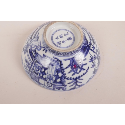 75 - A Chinese blue and white porcelain bowl decorated with figures in a garden, 6 character mark to base... 