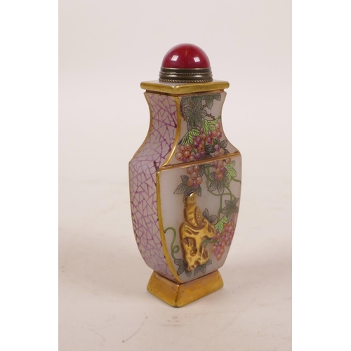 8 - A Chinese glass snuff bottle with enamelled and gilt decoration of birds and flowers, 6 character ma... 