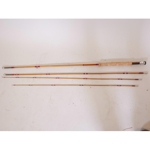 96 - A Hardy Bros split cane three section fly fishing rod, 'The Salmon Delux' with spare top section and... 