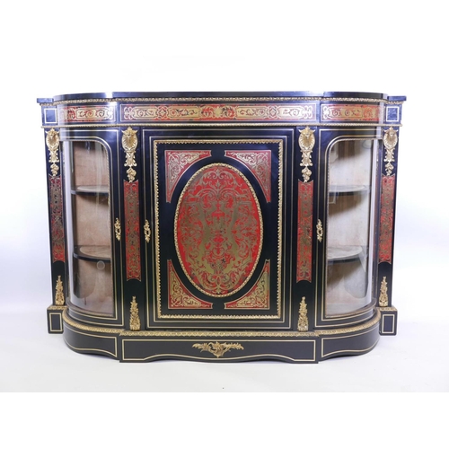 1106 - A C19th boulework and ebonised credenza, with ormolu mounts and glazed bow ends, raised on a shaped ... 