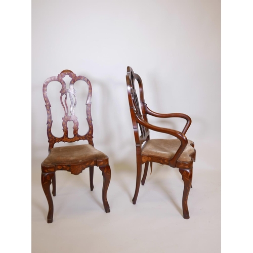 1108 - A set of eight (six and two) Dutch inlaid walnut chairs, with pierced splat backs on shaped supports... 