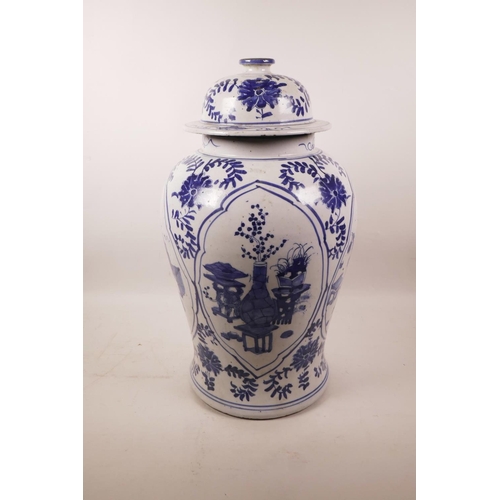 328 - A Chinese blue and white pottery pear shaped vase of octagonal form decorated with warriors on horse... 