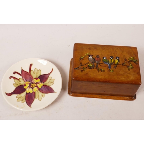 392 - A Bohemian white cased red glass liquer set of decanter and four glasses, painted with flowers in br... 