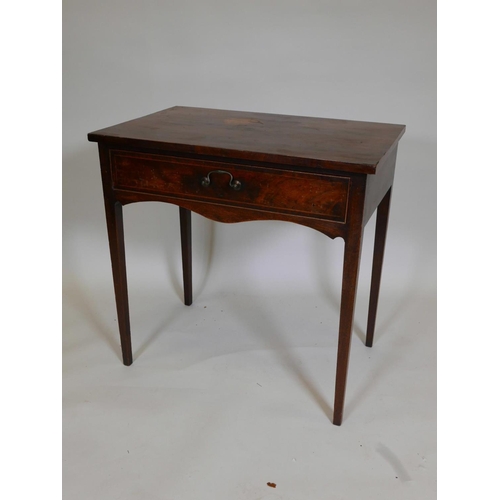 1091 - A C19th single drawer mahogany side table, with gilt swan neck handle, raised on square tapering sup... 