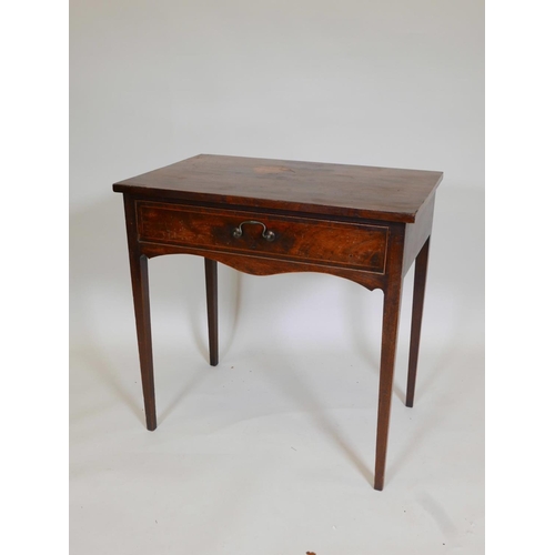 1091 - A C19th single drawer mahogany side table, with gilt swan neck handle, raised on square tapering sup... 