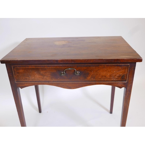 1091 - A C19th single drawer mahogany side table, with gilt swan neck handle, raised on square tapering sup... 