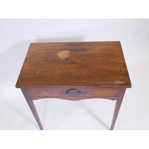 1091 - A C19th single drawer mahogany side table, with gilt swan neck handle, raised on square tapering sup... 