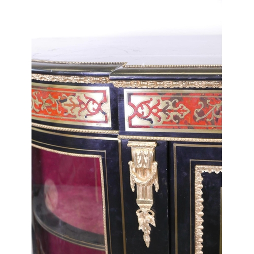 1097 - A C19th ebonised boulework credenza with ormolu mounts and glazed bow ends, raised on turned support... 