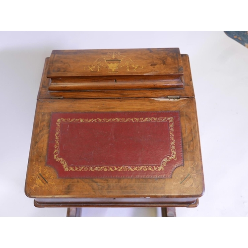 1099 - A Victorian inlaid figured walnut davenport, with four true and four false drawers, A/F, 21