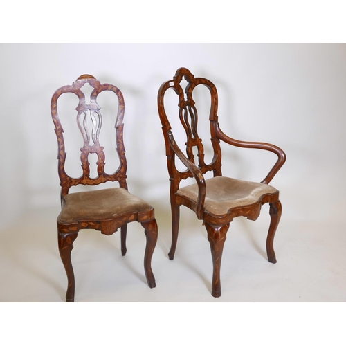 1108 - A set of eight (six and two) Dutch inlaid walnut chairs, with pierced splat backs on shaped supports... 