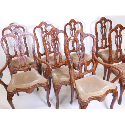 1108 - A set of eight (six and two) Dutch inlaid walnut chairs, with pierced splat backs on shaped supports... 