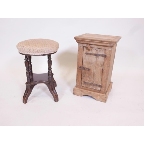 1113 - An Indian rustic teak spice cabinet, together with an Edwardian mahogany piano stool, spice cabinet ... 