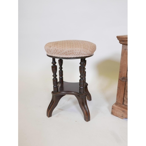 1113 - An Indian rustic teak spice cabinet, together with an Edwardian mahogany piano stool, spice cabinet ... 