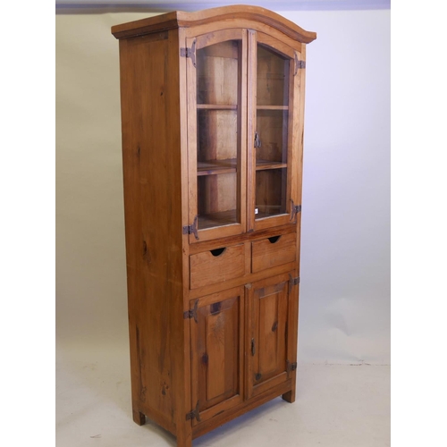 1126 - A fruitwood, arched top kitchen cupboard with two glazed doors, 31½