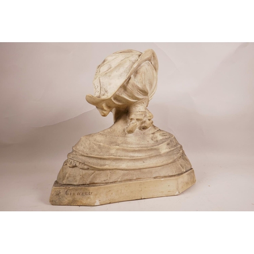 24 - A C19th decorative bust of a Dutch lady in traditional dress, signed J. Gianelli, plaster cast, 12