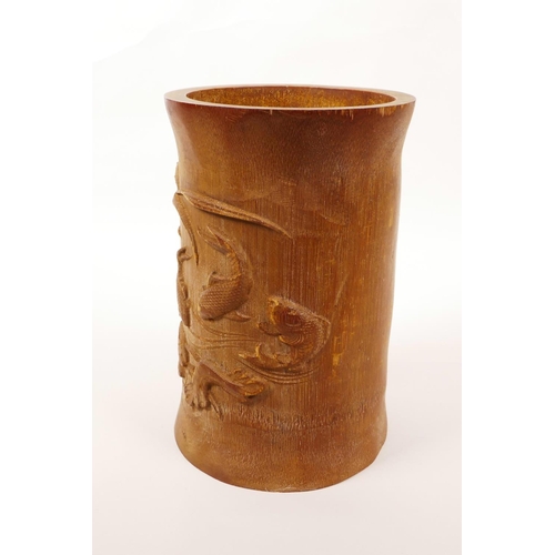 43 - A Chinese bamboo brush pot with carved decoration of carp in a lotus pond, 7