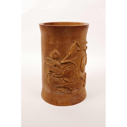 43 - A Chinese bamboo brush pot with carved decoration of carp in a lotus pond, 7